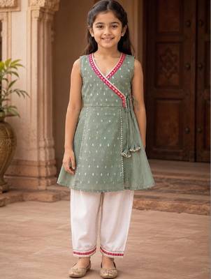 Girls ethnic motifs printed angrakha chanderi cotton kurti with trousers 1