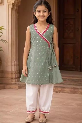 Girls ethnic motifs printed angrakha chanderi cotton kurti with trousers