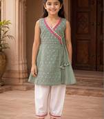 Girls ethnic motifs printed angrakha chanderi cotton kurti with trousers