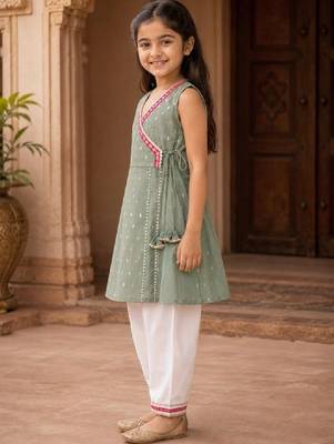 Girls ethnic motifs printed angrakha chanderi cotton kurti with trousers 2