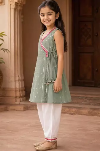 Girls ethnic motifs printed angrakha chanderi cotton kurti with trousers