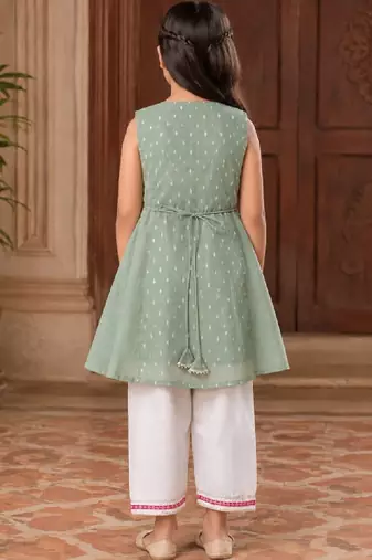 Girls ethnic motifs printed angrakha chanderi cotton kurti with trousers