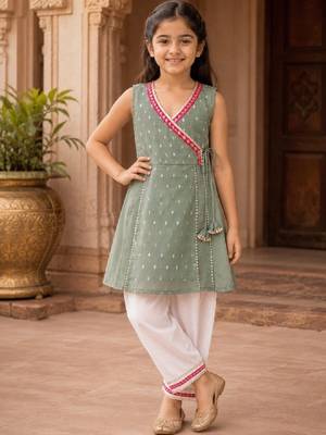 Girls ethnic motifs printed angrakha chanderi cotton kurti with trousers 4