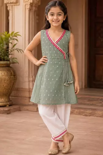 Girls ethnic motifs printed angrakha chanderi cotton kurti with trousers