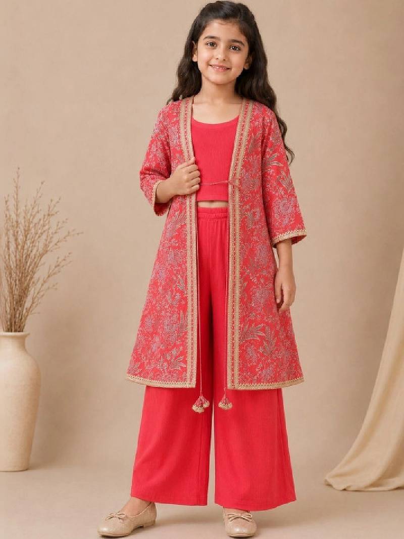Girls floral printed regular pure cotton top with palazzos