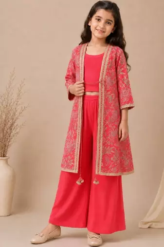 Girls floral printed regular pure cotton top with palazzos