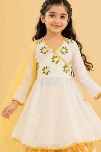 Girls floral embroidered angrakha thread work chanderi cotton kurta with sharara & with