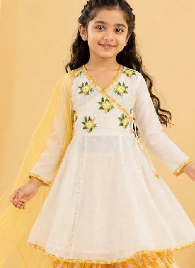 Girls floral embroidered angrakha thread work chanderi cotton kurta with sharara & with