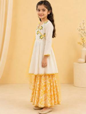 Girls floral embroidered angrakha thread work chanderi cotton kurta with sharara & with 2