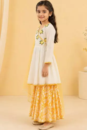Girls floral embroidered angrakha thread work chanderi cotton kurta with sharara & with