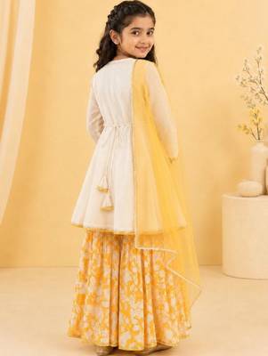 Girls floral embroidered angrakha thread work chanderi cotton kurta with sharara & with 3