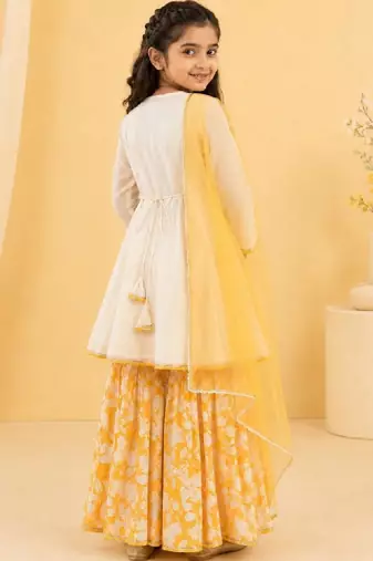 Girls floral embroidered angrakha thread work chanderi cotton kurta with sharara & with