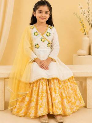Girls floral embroidered angrakha thread work chanderi cotton kurta with sharara & with 4