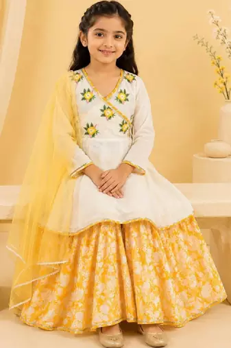 Girls floral embroidered angrakha thread work chanderi cotton kurta with sharara & with