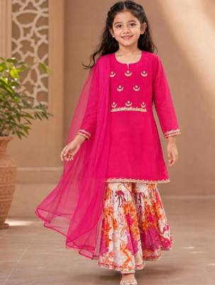 Girls floral embroidered chanderi cotton kurta sharara & with dupatta 1