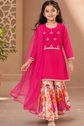 Girls floral embroidered chanderi cotton kurta sharara & with dupatta
