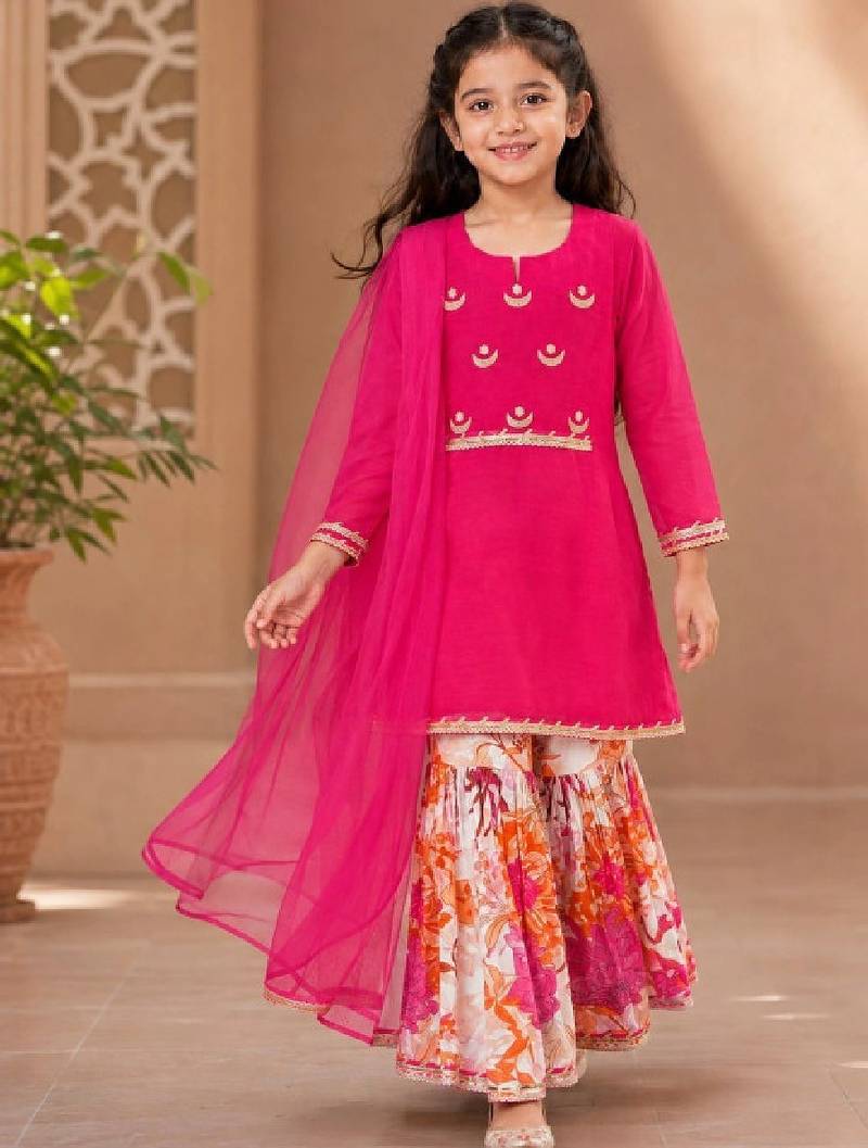 Girls floral embroidered chanderi cotton kurta sharara & with dupatta