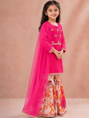 Girls floral embroidered chanderi cotton kurta sharara & with dupatta 2