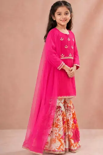 Girls floral embroidered chanderi cotton kurta sharara & with dupatta