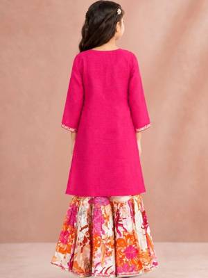 Girls floral embroidered chanderi cotton kurta sharara & with dupatta 3