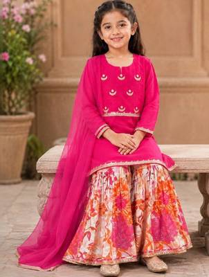 Girls floral embroidered chanderi cotton kurta sharara & with dupatta 4