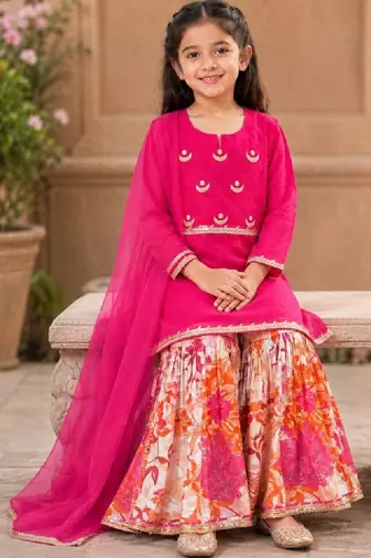 Girls floral embroidered chanderi cotton kurta sharara & with dupatta