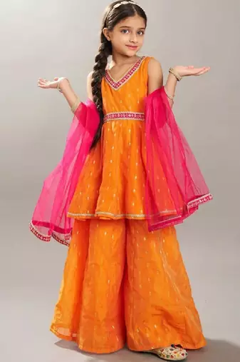 Girls ethnic motifs printed tiered gotta patti chanderi cotton kurti set