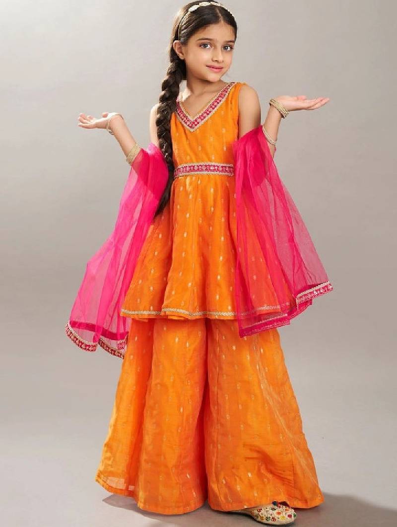 Girls ethnic motifs printed tiered gotta patti chanderi cotton kurti set