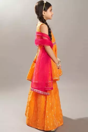 Girls ethnic motifs printed tiered gotta patti chanderi cotton kurti set