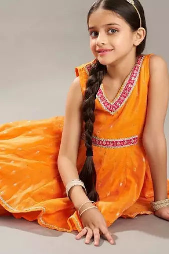 Girls ethnic motifs printed tiered gotta patti chanderi cotton kurti set