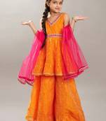 Girls ethnic motifs printed tiered gotta patti chanderi cotton kurta with sharara & with