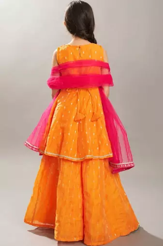 Girls ethnic motifs printed tiered gotta patti chanderi cotton kurta with sharara & with