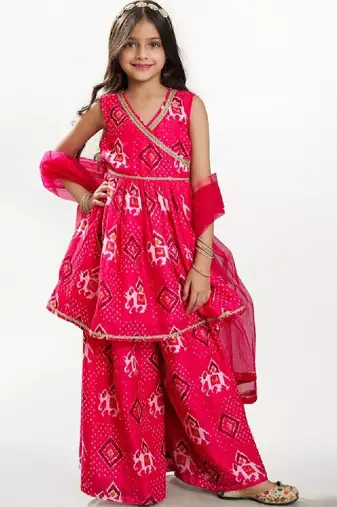 Girls ethnic motifs printed angrakha gotta patti chanderi cotton kurta set