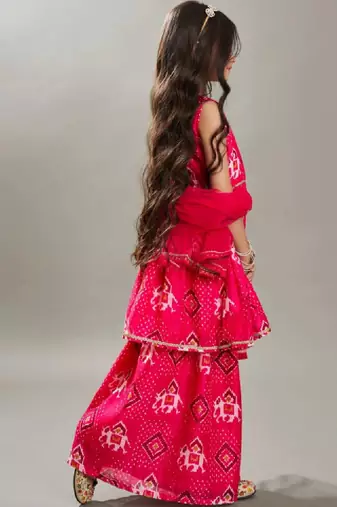 Girls ethnic motifs printed angrakha gotta patti chanderi cotton kurta set