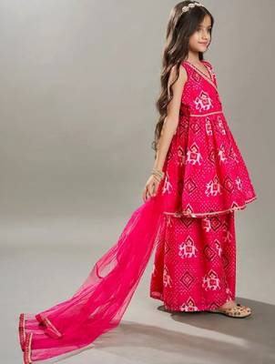 Girls ethnic motifs printed angrakha gotta patti chanderi cotton kurta set 4