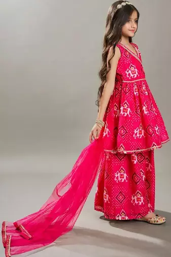Girls ethnic motifs printed angrakha gotta patti chanderi cotton kurta set