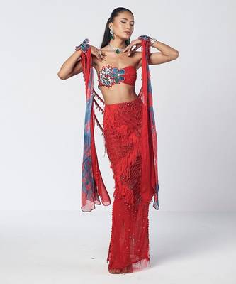 Tabasco red embroidered crepe organza co ord set 1