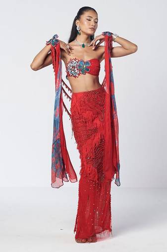 Tabasco red embroidered crepe organza co ord set