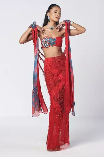 Tabasco red embroidered crepe organza co ord set