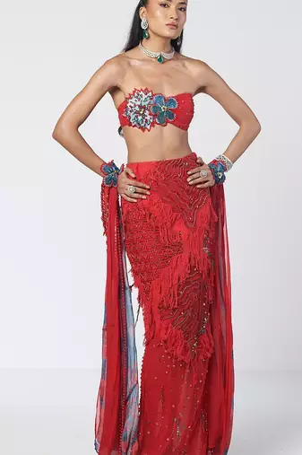 Tabasco red embroidered crepe organza co ord set