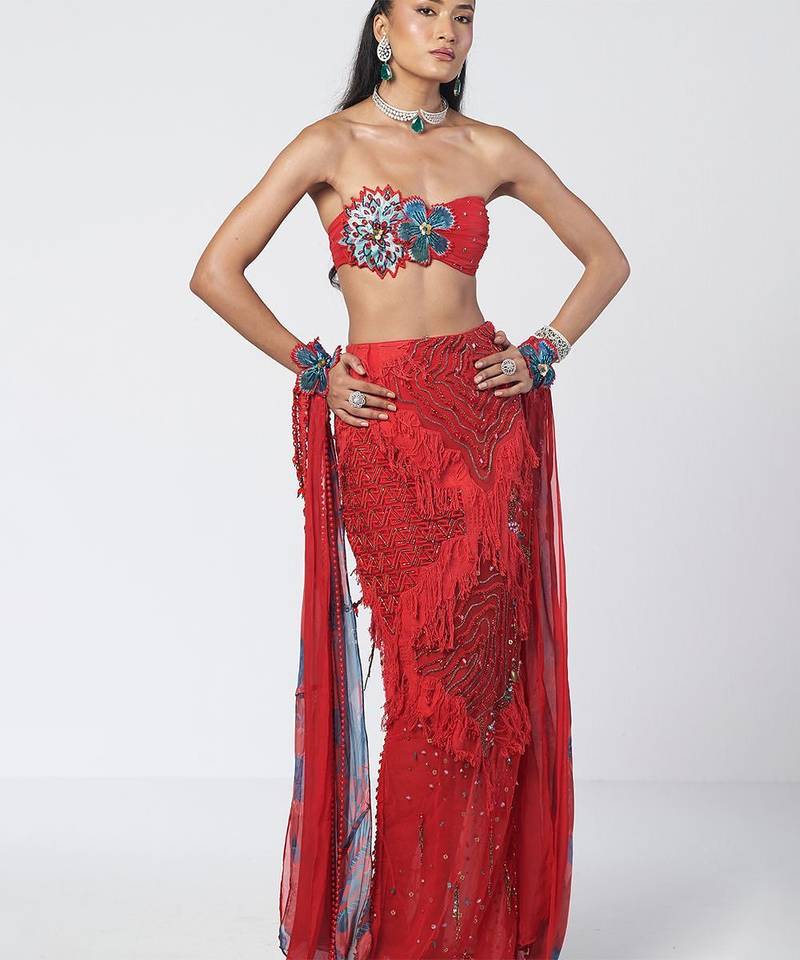 Tabasco red embroidered crepe organza co ord set