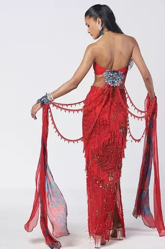 Tabasco red embroidered crepe organza co ord set
