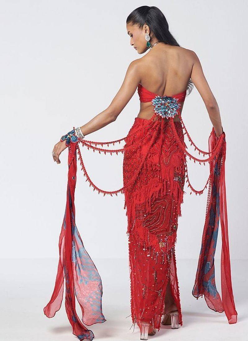 Tabasco red embroidered crepe organza co ord set