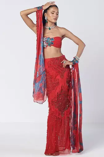 Tabasco red embroidered crepe organza co ord set