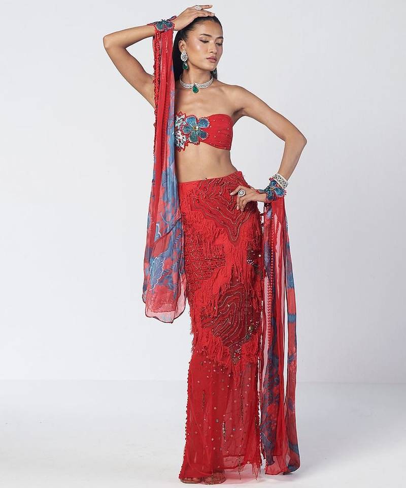 Tabasco red embroidered crepe organza co ord set