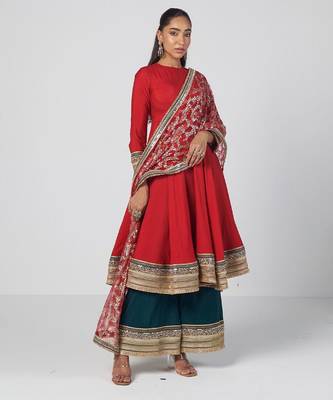 Tabasco red embroidered chanderi silk and net anarkali set 1