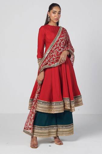 Tabasco red embroidered chanderi silk and net anarkali set