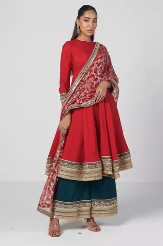 Tabasco red embroidered chanderi silk and net anarkali set