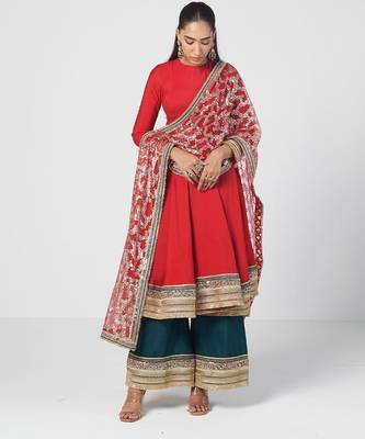 Tabasco red embroidered chanderi silk and net anarkali set 2