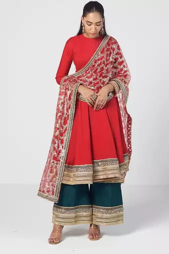 Tabasco red embroidered chanderi silk and net anarkali set